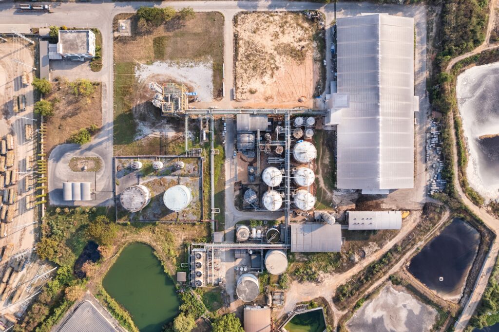 Electrical substation power plant, high voltage electricity with pipeline and tank warehouse
